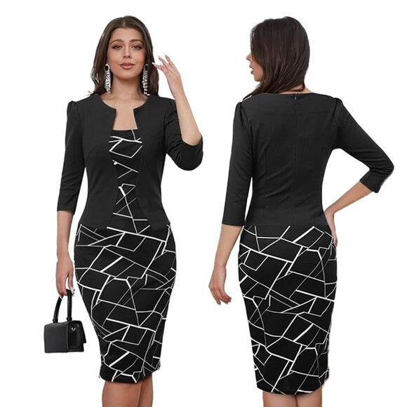 Homeyee Womens L Black Geo Print Layered Look 3/4 Sleeve Business Sheath Dress - Picture 1 of 7